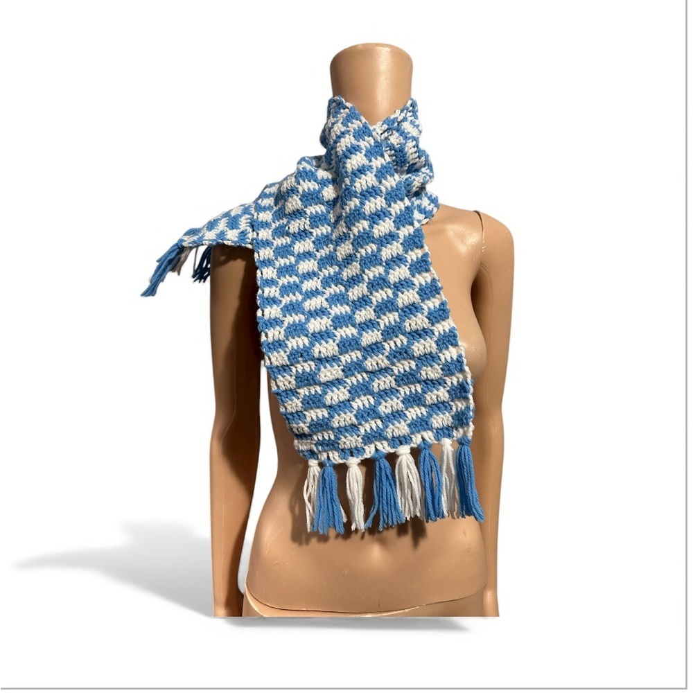 Blue and White crochet Scarf 42” length